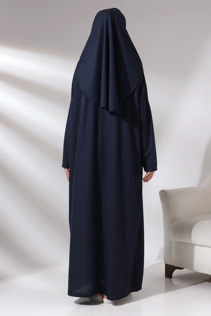 İhvan Navy Blue Women's Practical Headscarf One-Piece Prayer Dress with Bag