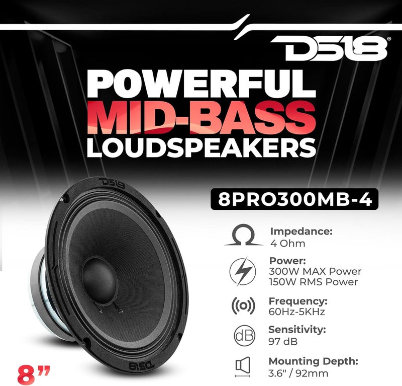 DS18 8PRO300MB-4 PRO 8" Mid-Bass Loudspeaker - 300 Watts Max Power, 150 Watts RMS, 4-Ohm - Image 2