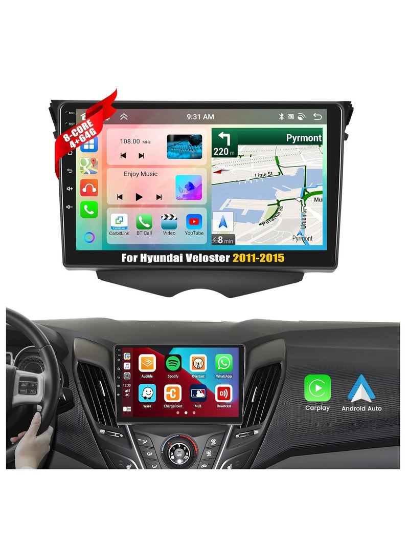 [8 Core 4G+64G] ستيريو سيارة Android 13 لسيارة Hyundai Veloster 2011-2015 مع Apple Carplay اللاسلكي Android Auto، راديو سيارة بشاشة تعمل باللمس مقاس 9 بوصات مع نظام ملاحة WiF/GPS، بلوتوث، FM/RDS، SWC+AHD كاميرا احتياطية - Image 1