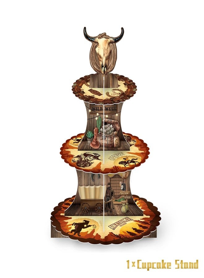 DodelyGz Western Cowboy Cupcake Stand,3 Tier Sturdy Cardboard Cupcakes Tower Holder And Western Cowboy Cupcake Toppers for Kids Man Boy's Wild West Cowboy Theme Birthday Party Baby Shower Party Decor - Image 2