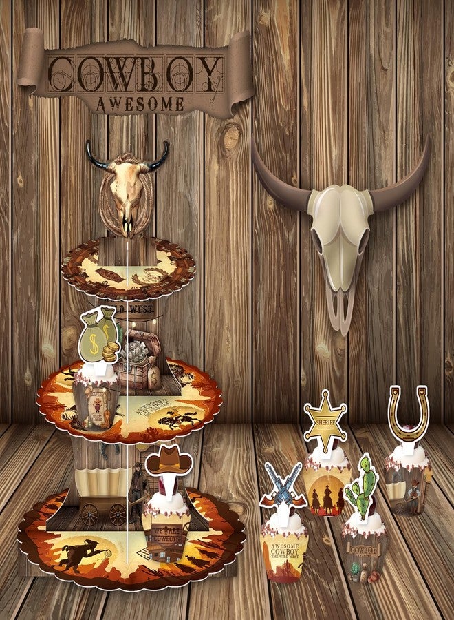 DodelyGz Western Cowboy Cupcake Stand,3 Tier Sturdy Cardboard Cupcakes Tower Holder And Western Cowboy Cupcake Toppers for Kids Man Boy's Wild West Cowboy Theme Birthday Party Baby Shower Party Decor - Image 5