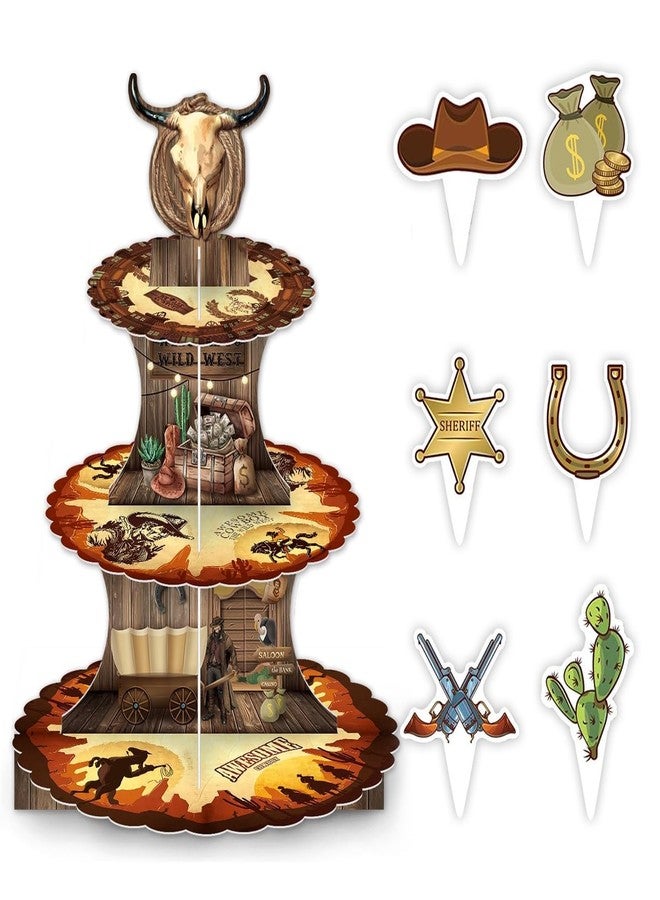 DodelyGz Western Cowboy Cupcake Stand,3 Tier Sturdy Cardboard Cupcakes Tower Holder And Western Cowboy Cupcake Toppers for Kids Man Boy's Wild West Cowboy Theme Birthday Party Baby Shower Party Decor - Image 1