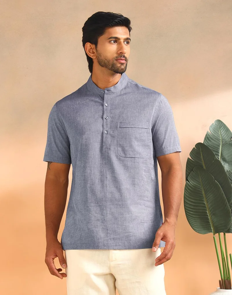 فاب انديا Blue Cotton Mid Placket Shirt