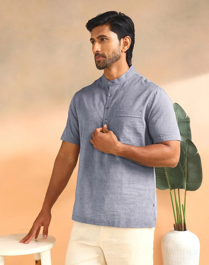 فاب انديا Blue Cotton Mid Placket Shirt