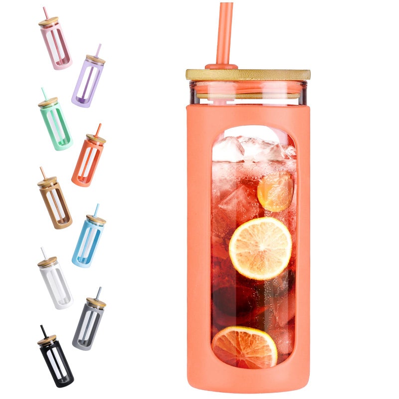 Kodrine 20oz Glass Water Tumbler with Straw and Lid Bamboo Lids Water Bottle Iced Coffee Cup Reusable Wide Mouth Smoothie Cups with Protective Silicone Sleeve BPA FREEOrange