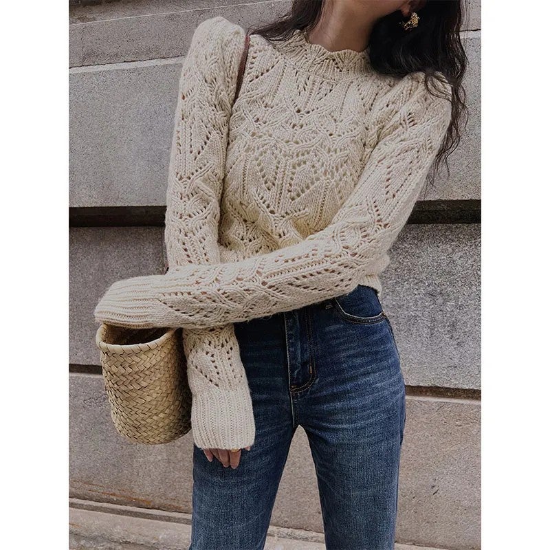 Women's French Heavy Lace Knit Sweater with Wool - Image 1