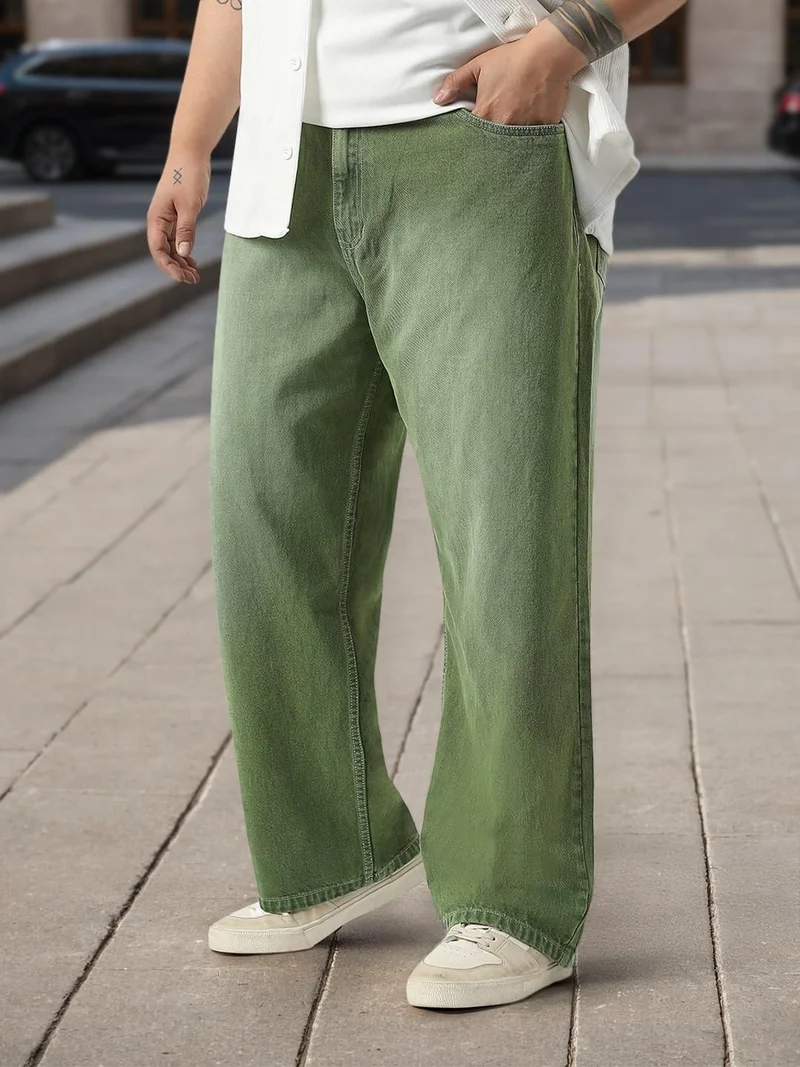 Urbano Plus Men's Olive Loose Baggy Fit Washed Jeans Non-Stretchable