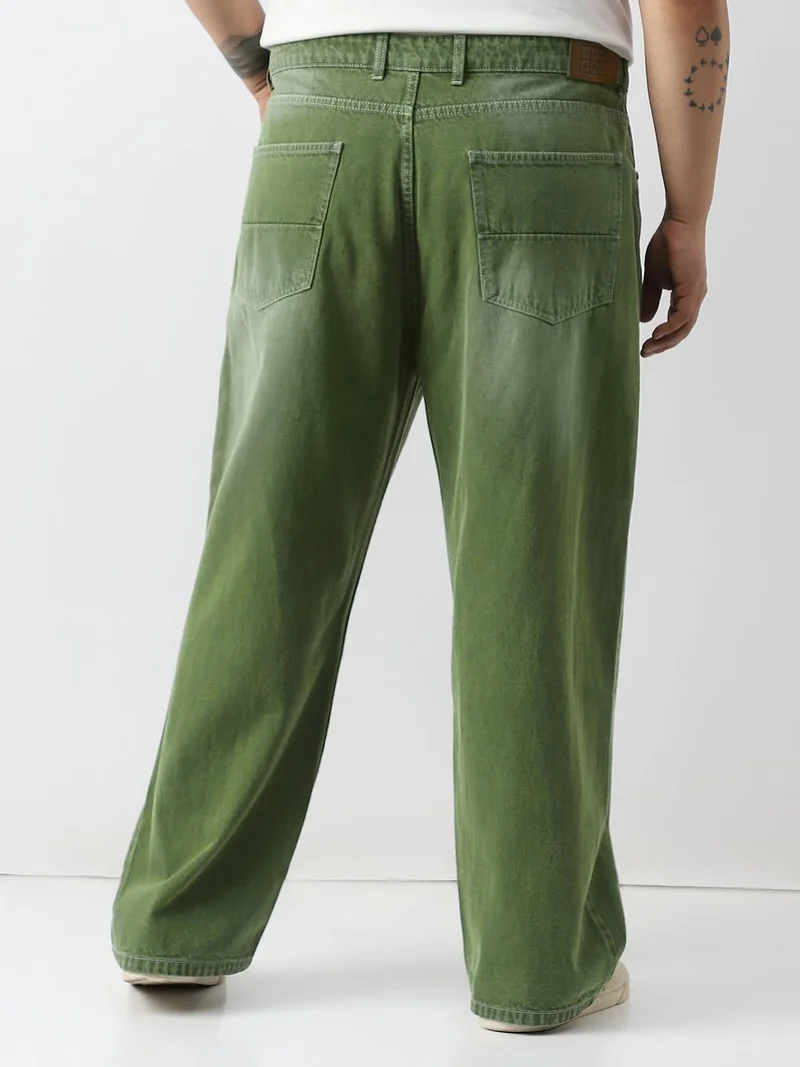 Urbano Fashion  Urbano Plus Men's Olive Loose Baggy Fit Washed Jeans Non-Stretchable  | Best Price UAE