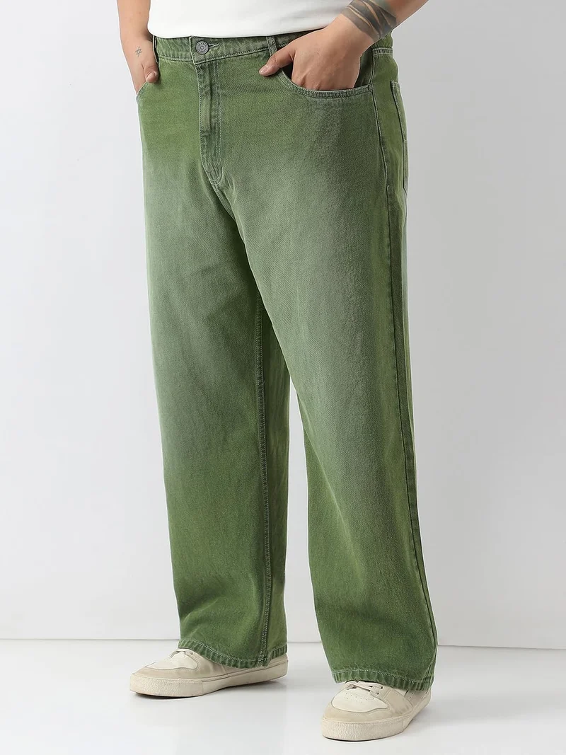 Urbano Fashion  Urbano Plus Men's Olive Loose Baggy Fit Washed Jeans Non-Stretchable  | Best Price UAE
