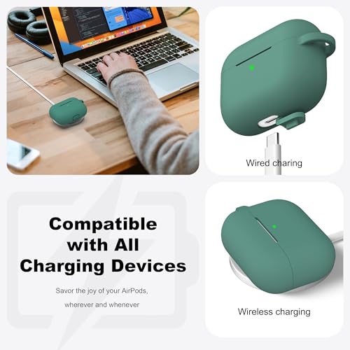 R-fun لحافظة AirPods Pro الجيل الثاني/الأول مع مجموعة تنظيف، غلاف واقي من السيليكون الناعم لأجهزة Apple AirPod Pro 2/1 للنساء والرجال، ملحقات حافظة AirPods Pro مع حلقة مفاتيح، أخضر صنوبر - Image 3