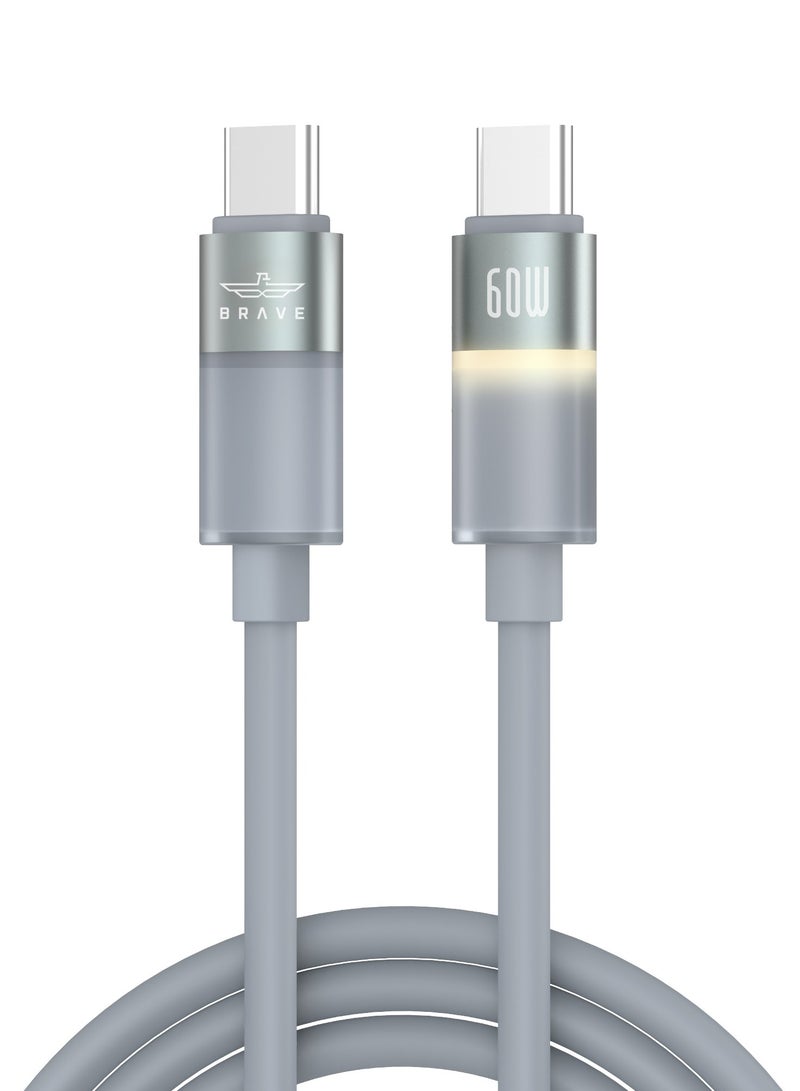 Brave 60W USB-C to USB-C Fast Charging Cable with LED Light – PD Turbo Charge, Smart E-Marker Chip, 480Mbps Data Transfer, Ultra-Durable Soft Silicone – Compatible with iPhone Air, iPhone 17 / 17 Pro / 17 Pro Max, iPhone 16 & 15 Series, iPad Pro/Air, MacBook Air/Pro, Samsung Galaxy S25/S24/S23 Ultra, Google Pixel, Dell XPS, HP Spectre, Lenovo ThinkPad, Surface Laptop, Chromebook & All USB-C Devices – Type-C Fast Charge Cable for Laptops, Tablets & Android Devices - Image 1