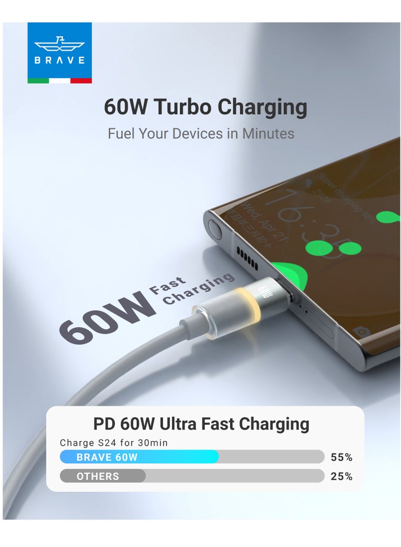 Brave 60W USB-C to USB-C Fast Charging Cable with LED Light – PD Turbo Charge, Smart E-Marker Chip, 480Mbps Data Transfer, Ultra-Durable Soft Silicone – Compatible with iPhone Air, iPhone 17 / 17 Pro / 17 Pro Max, iPhone 16 & 15 Series, iPad Pro/Air, MacBook Air/Pro, Samsung Galaxy S25/S24/S23 Ultra, Google Pixel, Dell XPS, HP Spectre, Lenovo ThinkPad, Surface Laptop, Chromebook & All USB-C Devices – Type-C Fast Charge Cable for Laptops, Tablets & Android Devices - Image 2