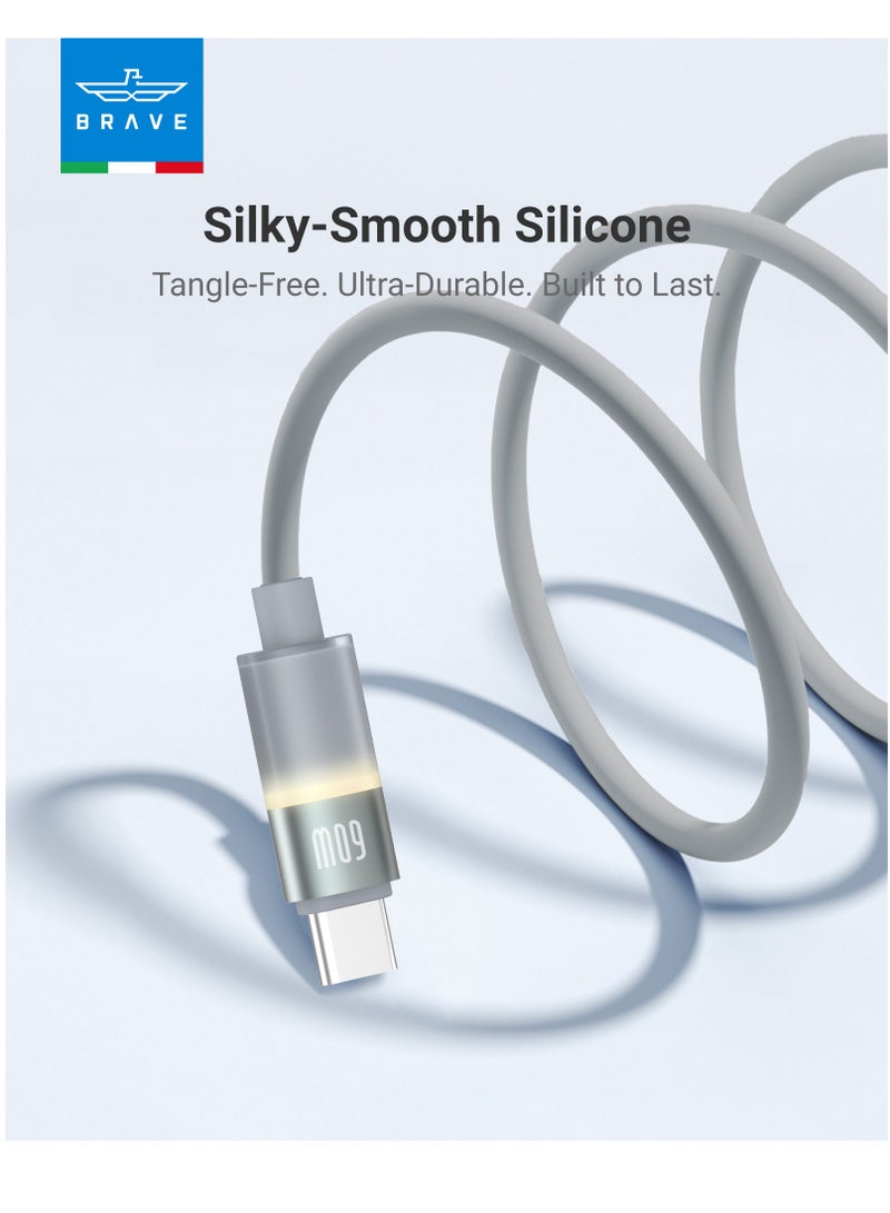 Brave 60W USB-C to USB-C Fast Charging Cable with LED Light – PD Turbo Charge, Smart E-Marker Chip, 480Mbps Data Transfer, Ultra-Durable Soft Silicone – Compatible with iPhone Air, iPhone 17 / 17 Pro / 17 Pro Max, iPhone 16 & 15 Series, iPad Pro/Air, MacBook Air/Pro, Samsung Galaxy S25/S24/S23 Ultra, Google Pixel, Dell XPS, HP Spectre, Lenovo ThinkPad, Surface Laptop, Chromebook & All USB-C Devices – Type-C Fast Charge Cable for Laptops, Tablets & Android Devices - Image 3