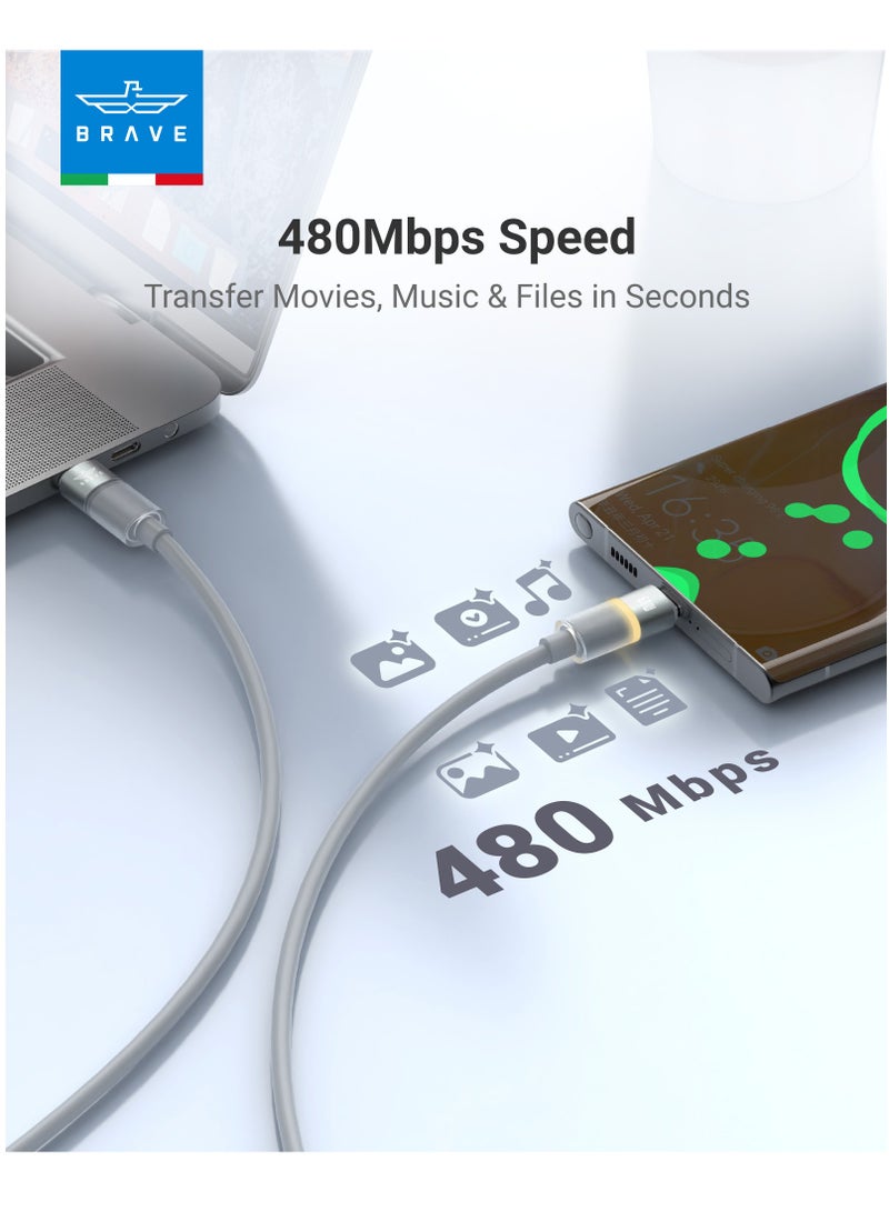 Brave 60W USB-C to USB-C Fast Charging Cable with LED Light – PD Turbo Charge, Smart E-Marker Chip, 480Mbps Data Transfer, Ultra-Durable Soft Silicone – Compatible with iPhone Air, iPhone 17 / 17 Pro / 17 Pro Max, iPhone 16 & 15 Series, iPad Pro/Air, MacBook Air/Pro, Samsung Galaxy S25/S24/S23 Ultra, Google Pixel, Dell XPS, HP Spectre, Lenovo ThinkPad, Surface Laptop, Chromebook & All USB-C Devices – Type-C Fast Charge Cable for Laptops, Tablets & Android Devices - Image 4