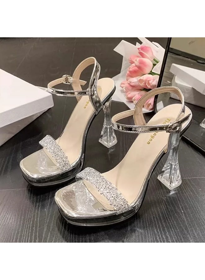 Women's Heeled Sandals, Transparent Chunky High Heel Sandals, Ladies Fashion Crystal Heeled Sandals, High Heel Sandals with Ankle Strap for Women, Ladys Round Open Toe Block Heel Sandals, Womens Dress Shoes for Work/ Wedding/ Dating/ Party, Silver Footwear - Image 1