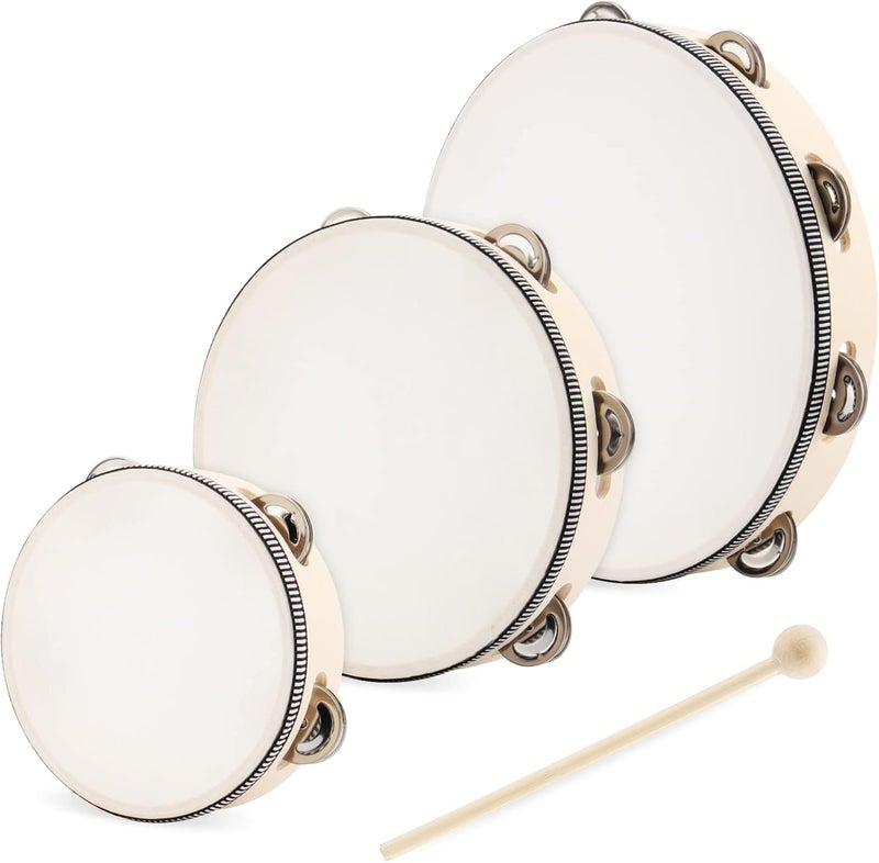 MANCHAP 3 Sizes Wooden Tambourine, Handheld Tambourine, Wooden Hand Drum with Jingle Bells, Percussion Musical Instrument for Rhythm Learning, Performance, 6 Inch, 8 Inch, 10 Inch - Image 1