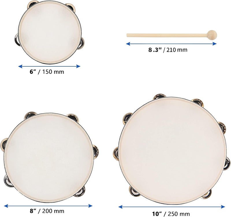 MANCHAP 3 Sizes Wooden Tambourine, Handheld Tambourine, Wooden Hand Drum with Jingle Bells, Percussion Musical Instrument for Rhythm Learning, Performance, 6 Inch, 8 Inch, 10 Inch - Image 2