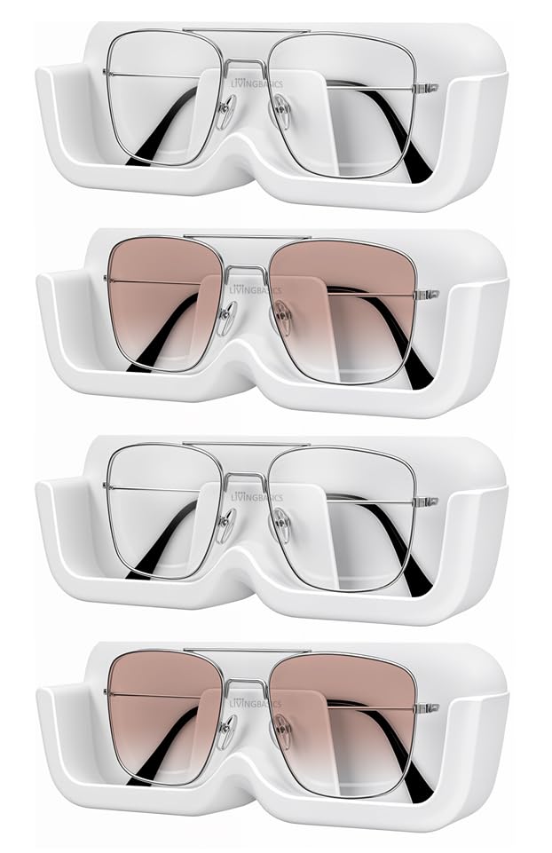 LIVINGBASICS 4 Pieces Specs Holder Wall Mounted/Sunglasses Display Case with Adhesive Sticker/No-Drill Display Stand/Specs Holder Plastic Case/Eyewear Case Shelving/Glasses Holder Plastic (White) - Image 1