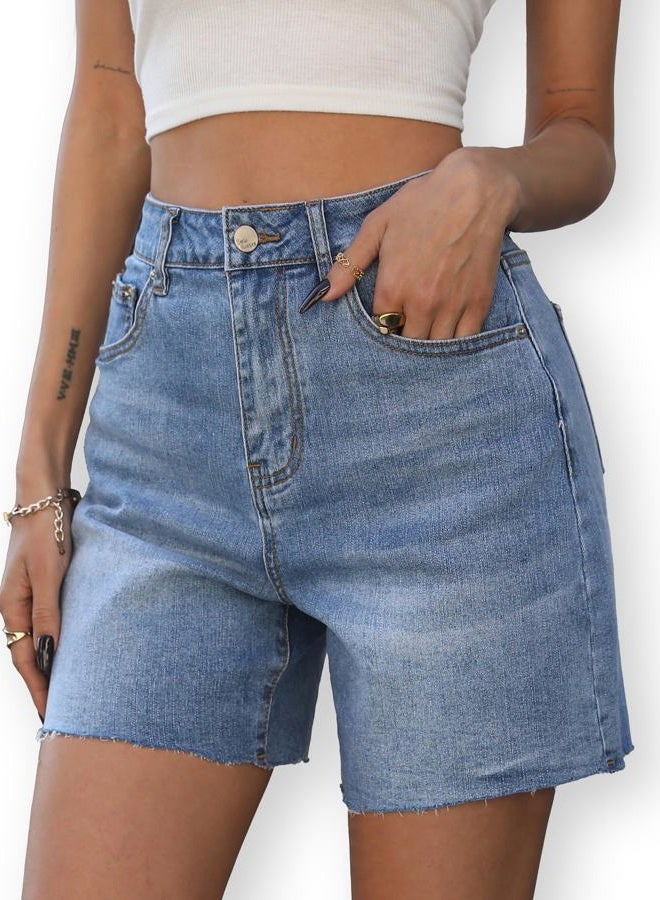 ELLEVEN Women's Raw Hem Jean Shorts, Wide Straight Leg Mom Denim Shorts, Blue Denim, M - Image 4