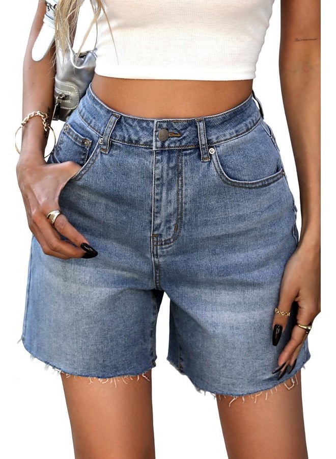 ELLEVEN Women's Raw Hem Jean Shorts, Wide Straight Leg Mom Denim Shorts, Blue Denim, M - Image 1