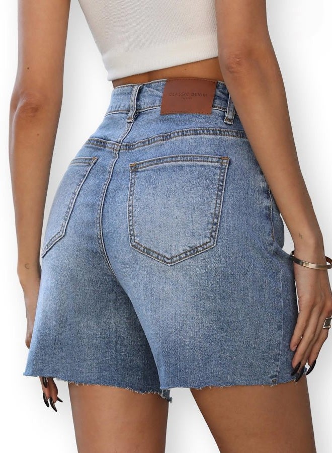 ELLEVEN Women's Raw Hem Jean Shorts, Wide Straight Leg Mom Denim Shorts, Blue Denim, M - Image 2