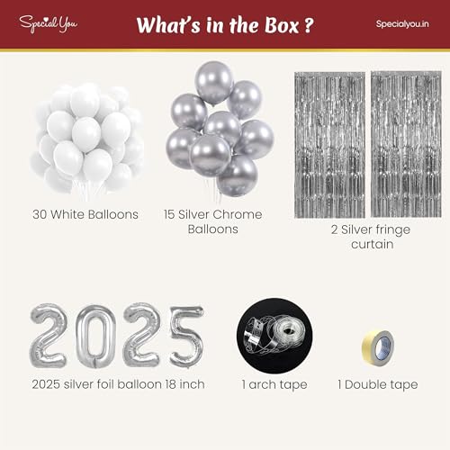 SpecialYou.in New Year Decoration Items, Balloon Decoration Kit, Happy New Year Decoration 2025 Foil Balloon Arch Tape, Fringe Curtains, Backdrop Curtain for Decoration,White & Silver,53 pcs - Image 3