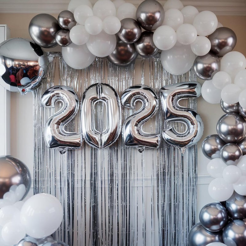 SpecialYou.in New Year Decoration Items, Balloon Decoration Kit, Happy New Year Decoration 2025 Foil Balloon Arch Tape, Fringe Curtains, Backdrop Curtain for Decoration,White & Silver,53 pcs - Image 2