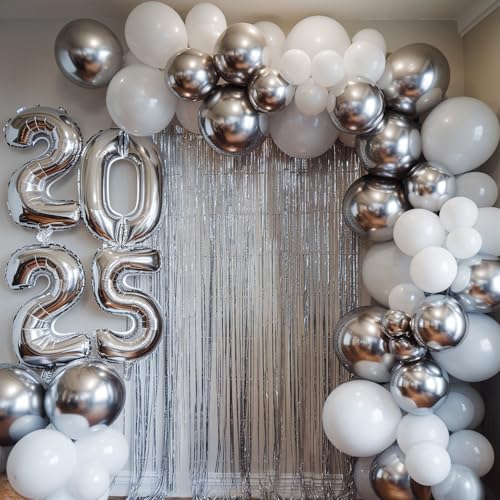 SpecialYou.in New Year Decoration Items, Balloon Decoration Kit, Happy New Year Decoration 2025 Foil Balloon Arch Tape, Fringe Curtains, Backdrop Curtain for Decoration,White & Silver,53 pcs - Image 5