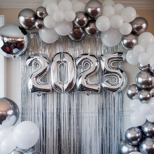 SpecialYou.in New Year Decoration Items, Balloon Decoration Kit, Happy New Year Decoration 2025 Foil Balloon Arch Tape, Fringe Curtains, Backdrop Curtain for Decoration,White & Silver,53 pcs - Image 1