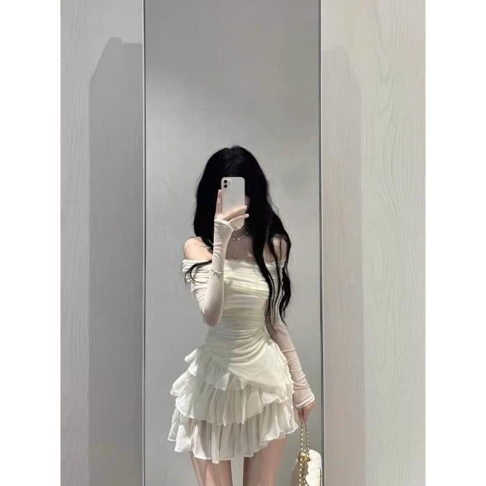 Fashion suit Summer Two-piece Suit High-end Feeling Temperament Goddess Style One-shoulder Slimming Top Cake Skirt Skirt tops and skirts have bottoming