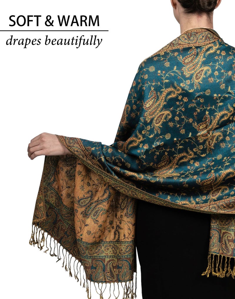 Achillea Soft Silky Reversible Paisley Pashmina Shawl Wrap Scarf w/Fringes (Dark Seagreen) - Image 3