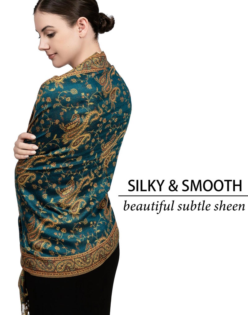 Achillea Soft Silky Reversible Paisley Pashmina Shawl Wrap Scarf w/Fringes (Dark Seagreen) - Image 5