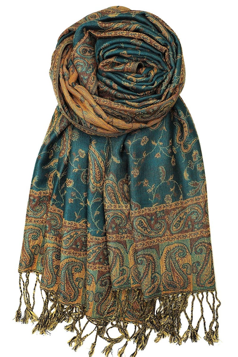 Achillea Soft Silky Reversible Paisley Pashmina Shawl Wrap Scarf w/Fringes (Dark Seagreen) - Image 1