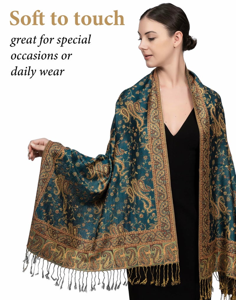 Achillea Soft Silky Reversible Paisley Pashmina Shawl Wrap Scarf w/Fringes (Dark Seagreen) - Image 2