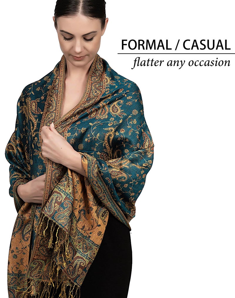 Achillea Soft Silky Reversible Paisley Pashmina Shawl Wrap Scarf w/Fringes (Dark Seagreen) - Image 4