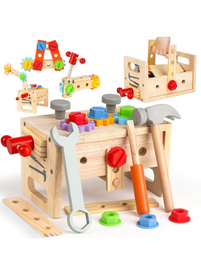يونيكبيبي طقم أدوات خشبية للأطفال، ألعاب تقمص الأدوار وأدوات ورشة العمل، لعبة تركيب تعليمية، صندوق ألعاب أدوات نجارة خشبية، مجموعة أدوات محاكاة مونتيسوري، لعب خيالية ممتعة مع منشار ومطرقة ومفك وصواميل ومسامير، هدية مثالية للأولاد والبنات - Image 1