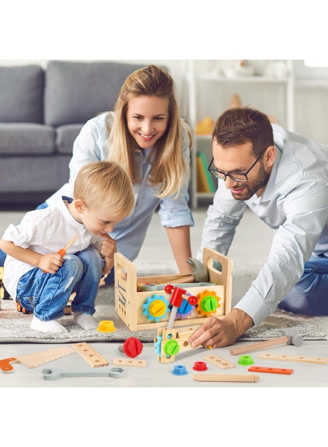 يونيكبيبي طقم أدوات خشبية للأطفال، ألعاب تقمص الأدوار وأدوات ورشة العمل، لعبة تركيب تعليمية، صندوق ألعاب أدوات نجارة خشبية، مجموعة أدوات محاكاة مونتيسوري، لعب خيالية ممتعة مع منشار ومطرقة ومفك وصواميل ومسامير، هدية مثالية للأولاد والبنات - Image 2