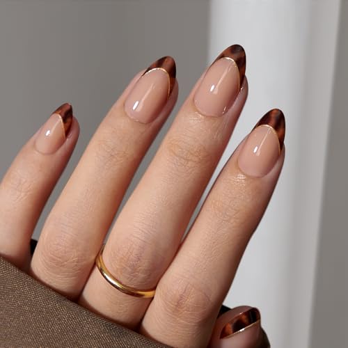 BTArtbox Press On Nails Short Almond - Tortoise Shell, Winter French Tip Press On Nails, Soft Gel Fake Nails Brown, Reusable Glue On Nails with Nail Glue in 16 Sizes, 32 Stick On Nail Kit - Image 1
