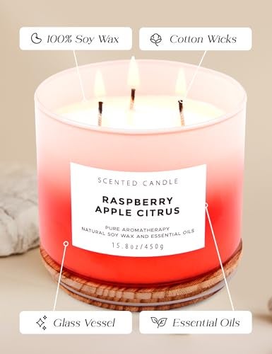 T H Large 3 Wick Soy Candle 15.8 oz - Raspberry Apple Citrus Scented Candle with Cranberry & Warm Cinnamon - Clean Burn, Long Lasting - Aromatherapy Candle for Relaxation & Stress Relief - Image 5