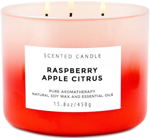 T H Large 3 Wick Soy Candle 15.8 oz - Raspberry Apple Citrus Scented Candle with Cranberry & Warm Cinnamon - Clean Burn, Long Lasting - Aromatherapy Candle for Relaxation & Stress Relief - Image 1