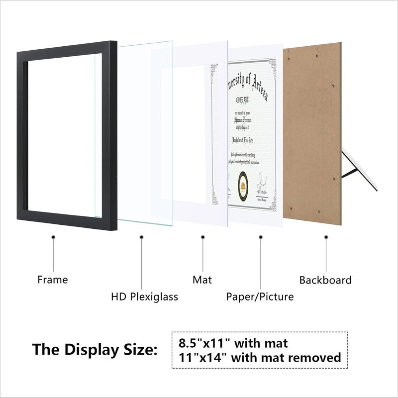 CORE ART 11x14 Black Certificate Frames with Mat,Display Diploma 8.5 x 11 or Document 11 x 14 without Mat,Multipack College Degree Frames for Wall or Tabletop Display,Set of 4 - Image 2