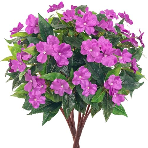 Uqueeten Fake Flowers Artificial Flowers for Outdoor，Artificial Plant Artificial Impatiens Bouquet Flowers for Outdoors Decoration,Silk Spring Artificial Plants for Outdoors Indoor Decor2PCS (Purple) - Image 1