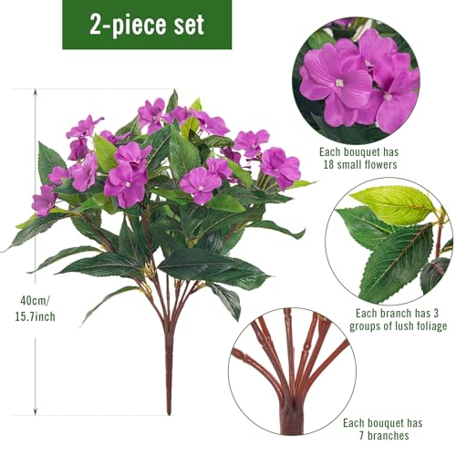 Uqueeten Fake Flowers Artificial Flowers for Outdoor，Artificial Plant Artificial Impatiens Bouquet Flowers for Outdoors Decoration,Silk Spring Artificial Plants for Outdoors Indoor Decor2PCS (Purple) - Image 2