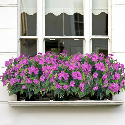 Uqueeten Fake Flowers Artificial Flowers for Outdoor，Artificial Plant Artificial Impatiens Bouquet Flowers for Outdoors Decoration,Silk Spring Artificial Plants for Outdoors Indoor Decor2PCS (Purple) - Image 3