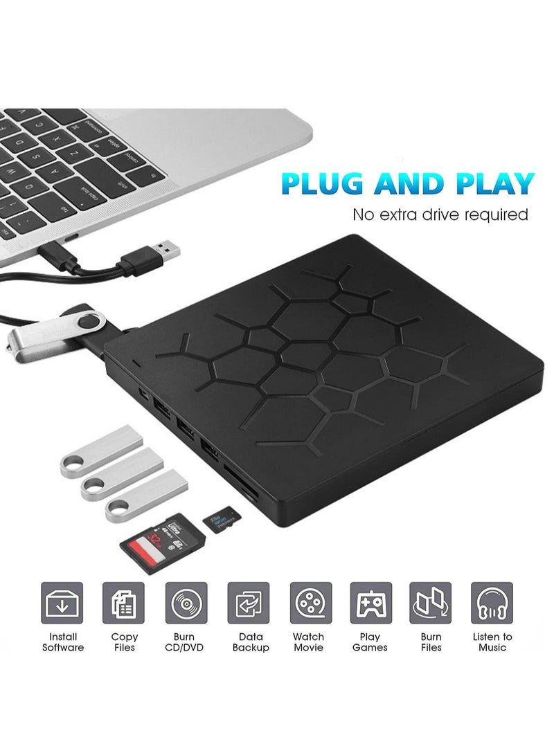 محرك أقراص DVD خارجي ، حرق CD / DVD USB 3.0 للكمبيوتر المحمول ، مع 4 منافذ USB و 2 فتحات بطاقة SD ، رفيع جدًا. - Image 2