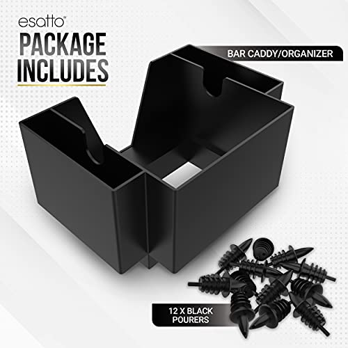 Esatto Bar Products Premium Square Bar Caddy (Black), Professional Bar Tool Used to Easily Organize Bar Items and Workspace, Comes With 12 Black Plastic Pourers For Easy and Precise Pouring - Image 2