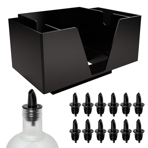 Esatto Bar Products Premium Square Bar Caddy (Black), Professional Bar Tool Used to Easily Organize Bar Items and Workspace, Comes With 12 Black Plastic Pourers For Easy and Precise Pouring - Image 1