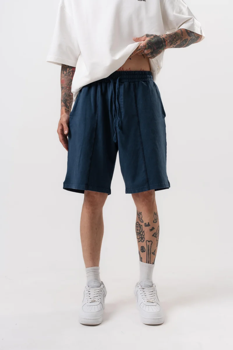 RESPIRE Men's Front Embroidery Detail Elastic Waist Shorts Navy Blue