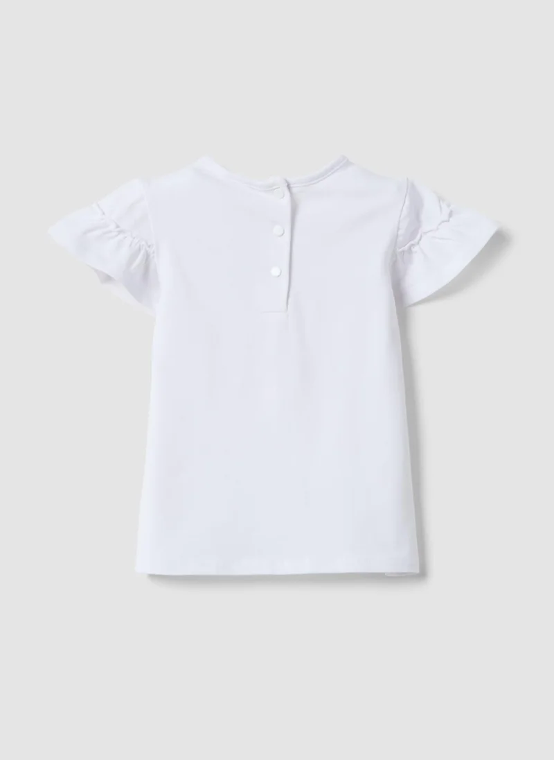 او في اس OVS Girls' Regular Fit White Stretch Cotton T-Shirt With Flowers