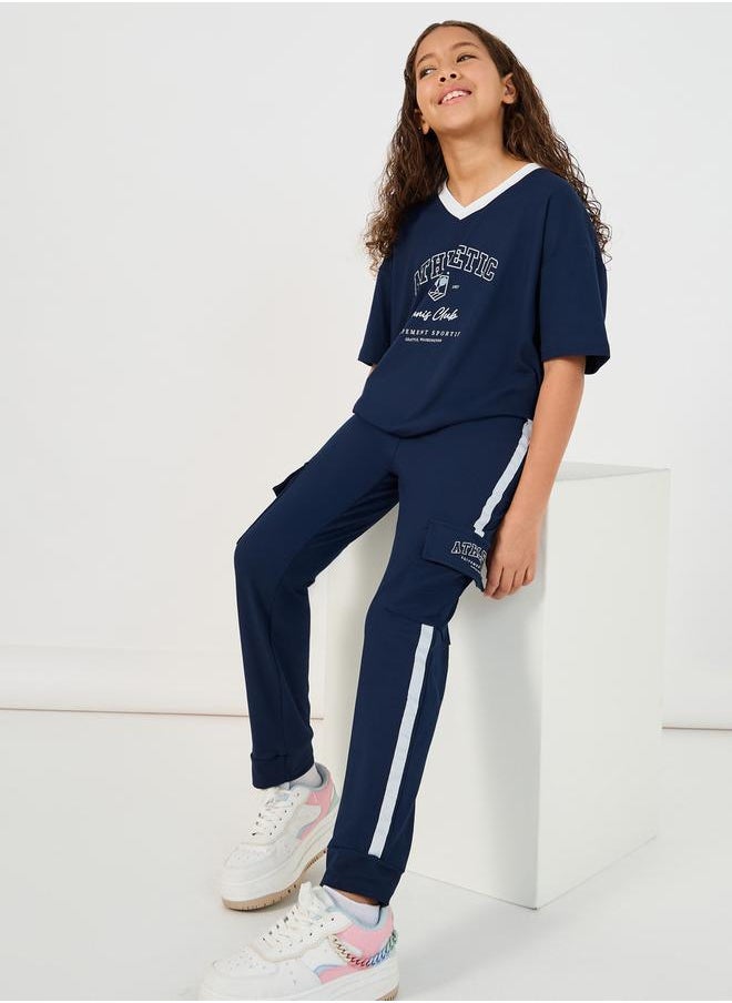 Styli Graphic Print V-Neck T-Shirt & Tape Detail Cargo Joggers Co-Ords  - Image 1